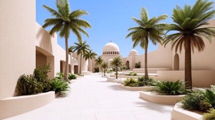 Fototapeta premium Serene desert pathway lined with palm trees and architectural domes.