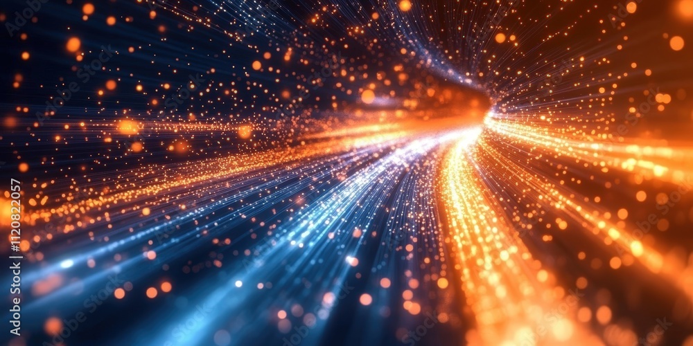 Poster abstract digital background with vibrant particles and light trails creating a sense of dynamic move