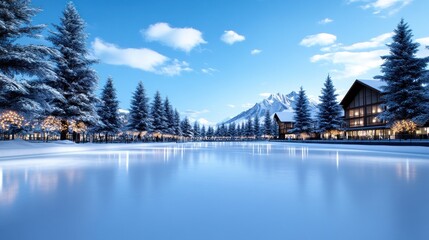 Obraz premium Serene winter landscape with snow-covered trees and a frozen lake.