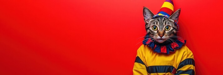 Obraz premium Cat dressed as a clown against a red background.