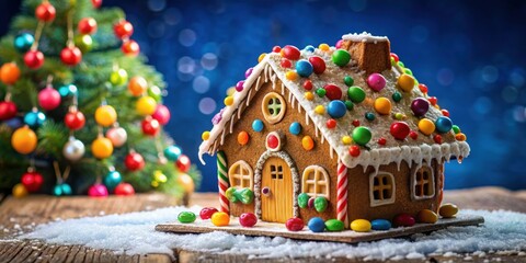 Festive gingerbread house adorned with colorful candies and icing , Christmas, holiday, dessert, winter, sweet