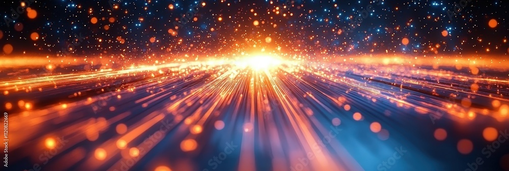 Poster abstract vibrant digital background with bright orange and blue beams of light radiating from a cent