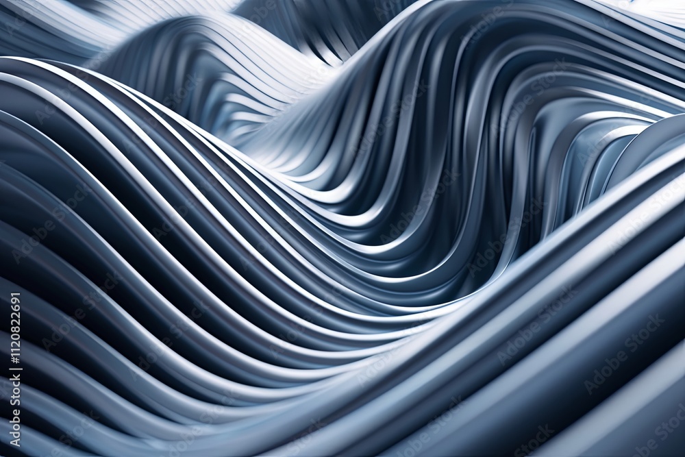 Poster flowing metallic waves create an abstract landscape of smooth curves and reflective surfaces in a su