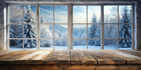 Empty wooden table by frosty window with winter scenery outside, wooden, table, frosty, window, winter, landscape, snow, cold, icy