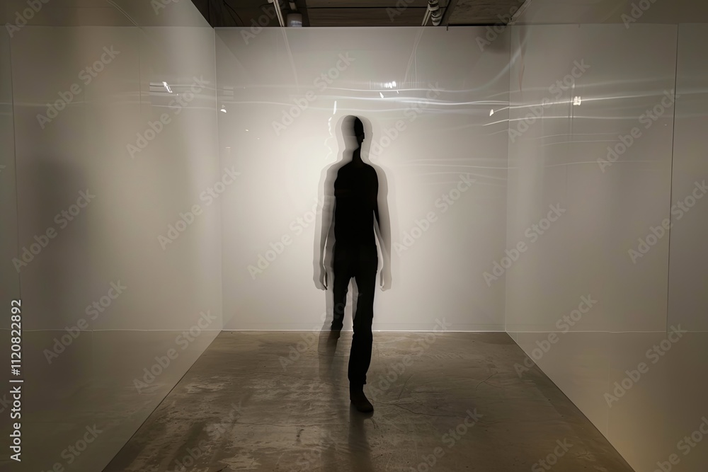 Poster silhouetted figure walking through a minimalist space during an art installation in a modern gallery