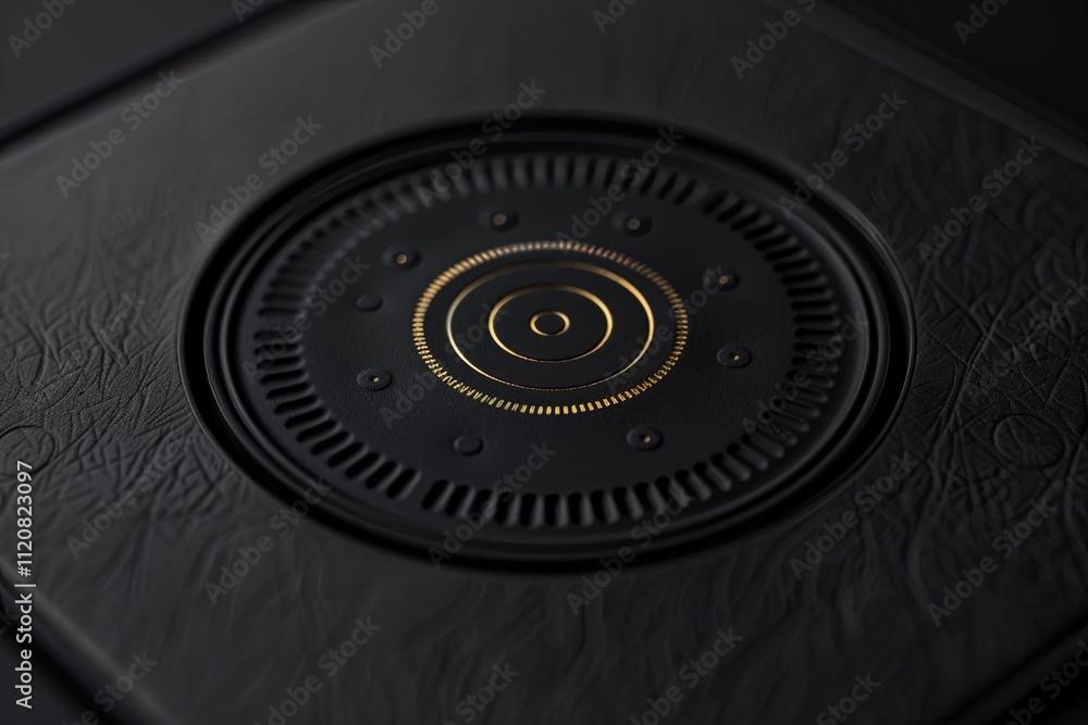 Poster intricate design of a black circular object with golden details in a modern artistic arrangement. ge
