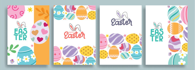 Happy easter clipart poster background. Happy easter sunday wishes clip art set with colorful abstract drawing eggs decoration elements for egg hunt celebration. Vector illustration season greeting 