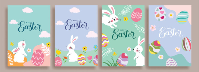 Happy easter wishes clip art poster background set. Easter sunday clip art collection with bunny, eggs and flowers decoration in colorful abstract design. Vector illustration holiday greeting card set