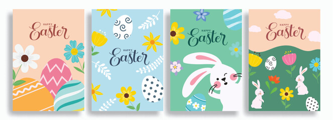 Easter wishes clipart poster background set. Happy easter sunday clip art collection with drawing elements like eggs, bunny and flowers in abstract design. Vector illustration greeting card set. 

