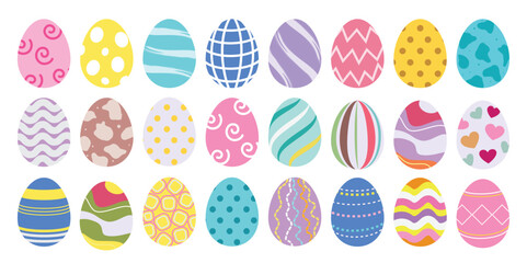 Easter eggs drawing clip art set. Easter egg flat collection clipart in pastel, colorful and multicolored graphic elements. Vector illustration holiday hunting decoration. 
