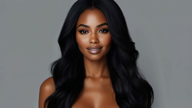 Fashion african american woman with shiny and straight dark long hair on grey background. Keratin straightening. Treatment, care and spa procedures. Beauty products, hair shampoo or conditioner