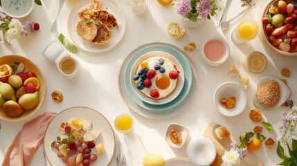 Aerial view of cozy breakfast table with colorful dishes and fresh fruits