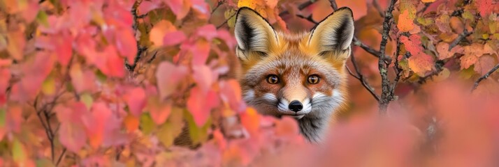 Obraz premium A fox peering through colorful autumn foliage.