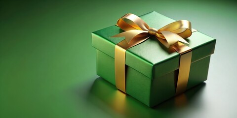 Obraz premium Green gift box with a golden ribbon , gift, present, box, holiday, celebration, surprise, festive, wrapping, ribbon