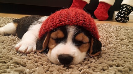 Adorable Beagle Puppy Sleeping in a Red Knit Hat During Christmas