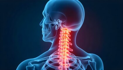 Illustration of the human body focusing on the neck skeleton, highlighting pain caused by cervical spondylosis, herniated disc, or muscle strain