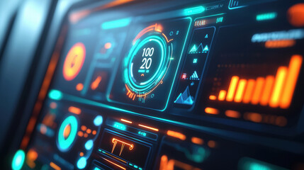 Obraz premium Futuristic digital dashboard with vibrant neon colors and data displays