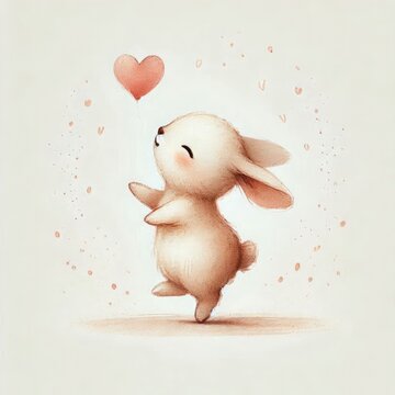 Valentine's Day. watercolor illustration of a cute rabbit dancing. warm tones of pink, beige, and white, with delicate hearts and speckles surrounding it