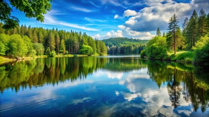 Fototapeta premium Tranquil landscape featuring a serene lake surrounded by lush forest , Nature, tranquil, calm, peaceful, quiet, corner, lake