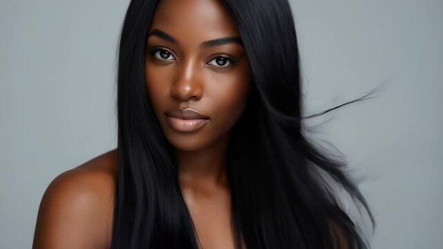 Fashion african american woman with shiny and straight dark long hair on grey background. Keratin straightening. Treatment, care and spa procedures. Beauty products, hair shampoo or conditioner