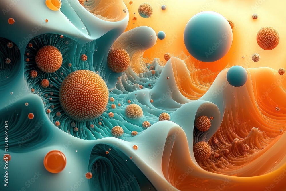 Poster 3d abstract organic shapes with bubbles and dynamic swirl background in teal and orange