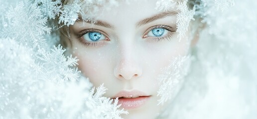 A beautiful girl with blue eyes, wearing a white fur coat in the snow. Her face is covered in ice and frost.