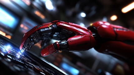 Close-up of a Futuristic Red Robotic Hand Interacting with a Digital Interface