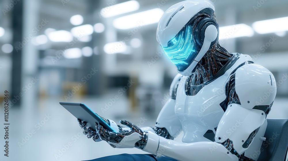 Poster a futuristic robot using a tablet in a modern environment.