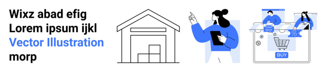 Warehouse icon, person holding checklist, and characters shopping online. Ideal for logistics, e-commerce, inventory management, business operations, marketing, technology and customer service