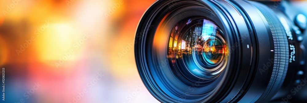 Poster close-up view of a camera lens capturing stunning reflections with vivid colors and light bokeh effe