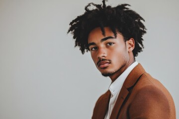 Obraz premium Stylish Young Man with Natural Hair Posing Confidently in a Modern Setting