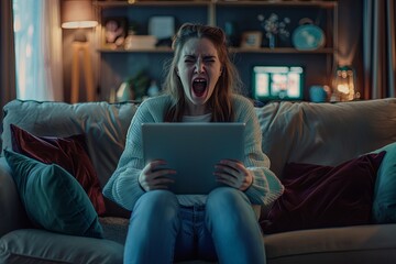 Obraz premium Frustrated woman reacts to unexpected news while sitting on a couch in a cozy living room setting during the evening. Generative AI