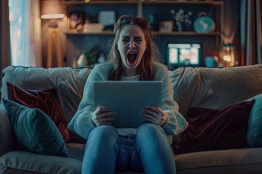 Frustrated woman reacts to unexpected news while sitting on a couch in a cozy living room setting during the evening. Generative AI