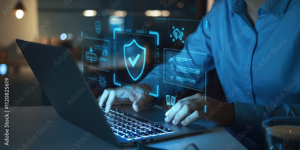 Poster cybersecurity analyst reviewing security logs and threat detection