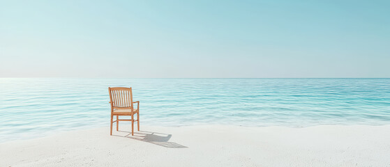 minimalistic beach scene featuring wooden chair on white sand, evoking tranquility and calmness