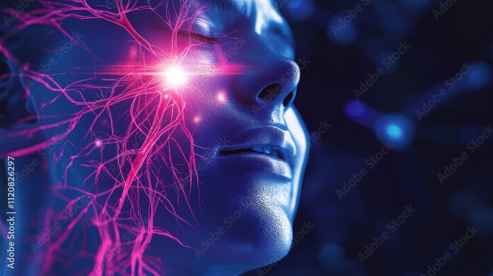 Poster human neural network system closeup digital art visualization of facial nerve system