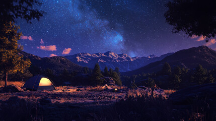 Naklejka premium serene camping scene under starry sky, featuring tent surrounded by mountains and trees, evoking sense of adventure and tranquility