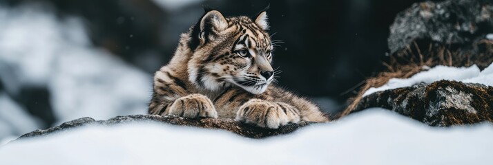 Obraz premium Snowy landscape featuring a resting tiger cub.