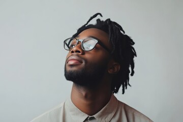 Fototapeta premium Contemplative Young Man with Dreadlocks Looking Upwards in Soft Lighting