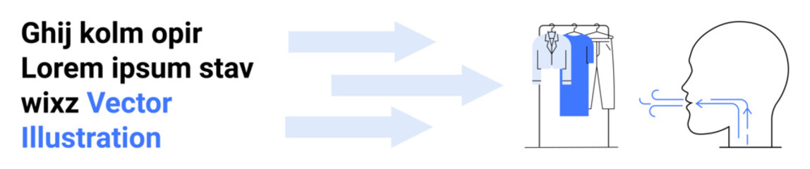 Human head breathing, clothing on rack, arrows indicating process flow from text. Ideal for apparel manufacturing, process diagrams, industrial design, product development, logistics, workflows