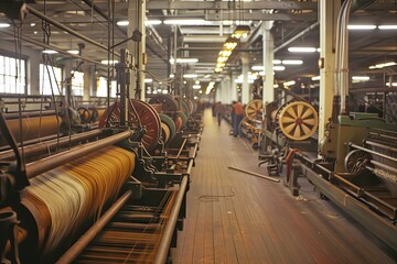 Workers operate weaving machines in a large industrial textile factory during the day, showcasing intricate craftsmanship. Generative AI