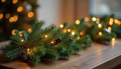 Christmas tree branch decorations beautifully arranged on a wooden table, creating a cozy and festive atmosphere