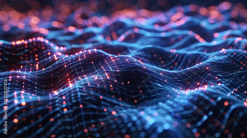 Poster abstract digital wave with glowing particles - generative ai.