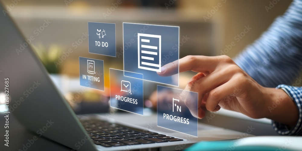 Poster businessman interacting with digital progress workflow interface on laptop
