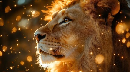 Beautiful young woman with glowing lion background, astrology sign Leo, zodiac portrait, magic girl, horoscope, cosmic art, future predictions