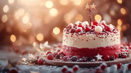 Festive red and white cake adorned with berries.