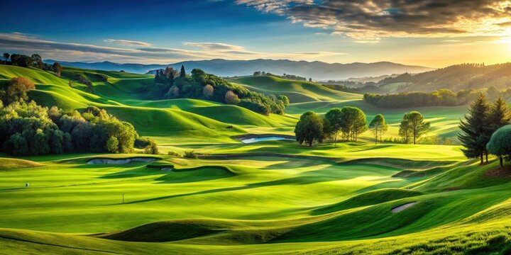 Lush green golf course with rolling hills and blue skies, outdoor, recreation, sport, golf cart, tee off, fairway