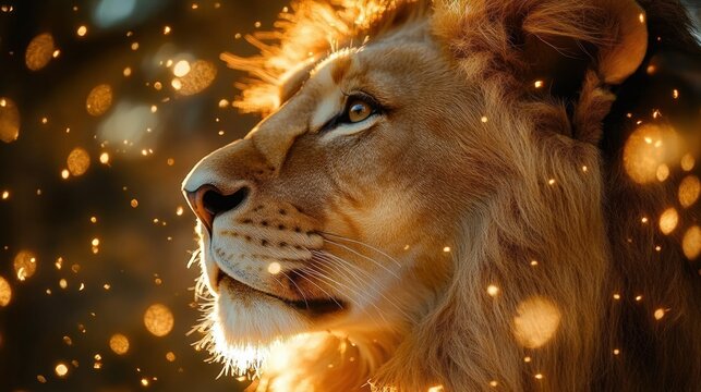 Beautiful young woman with glowing lion background, astrology sign Leo, zodiac portrait, magic girl, horoscope, cosmic art, future predictions