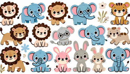 Cute pre-school Sticker sets, animals, Fish, reptiles, Farm animals, pets, bears, jellyfish, rabbit vectors illustation for kids