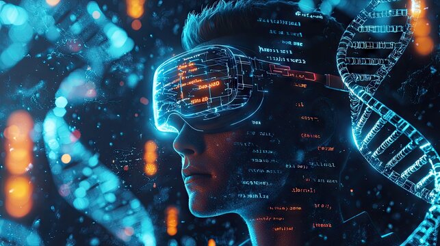 Stock illustration of digital DNA strands and data icons hovering around a scientist wearing VR goggles, symbolizing biotechnology and futuristic research. Neon blue and orange accents.